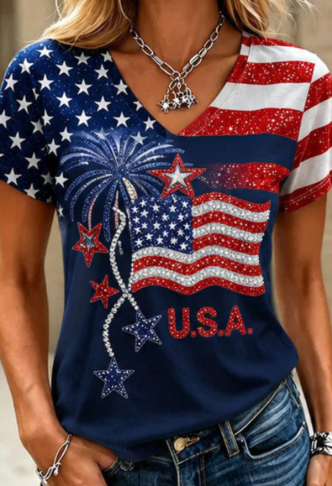 USA Flag 3D Print V-Neck Short Sleeve Women's T-Shirt