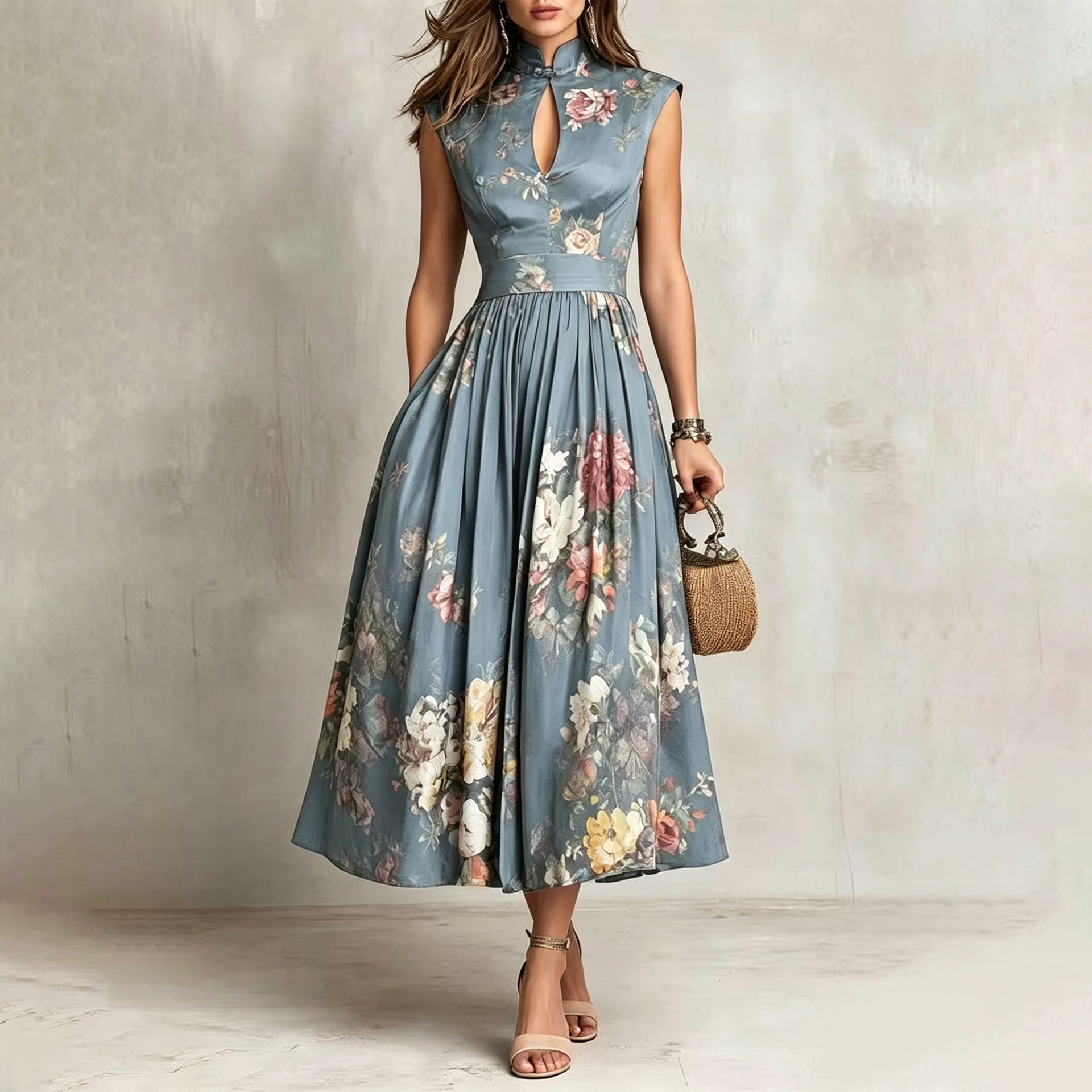 Elegant Printed Qipao-Collar A-Line Maxi Dress