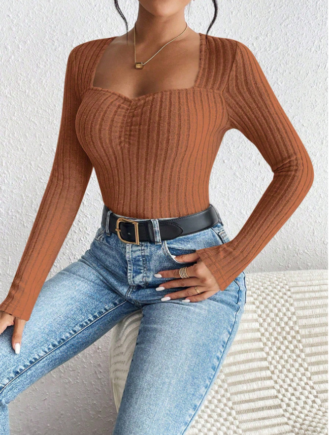 Women's Front Ruched Slim Fit Knit Long Sleeve Top