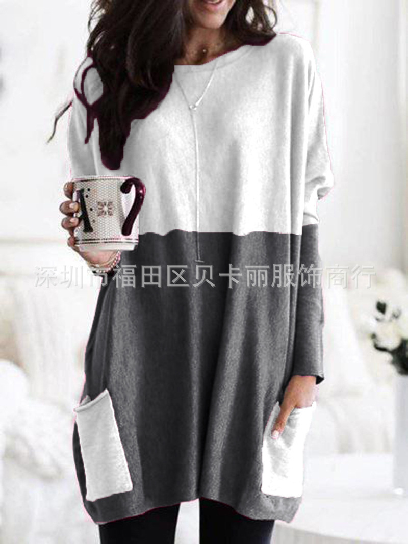 Women's Crewneck Long Sleeve Patchwork Pocket T-Shirt