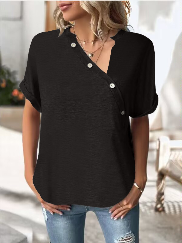 Women's Solid Twist Button Short Sleeve V-Neck Top