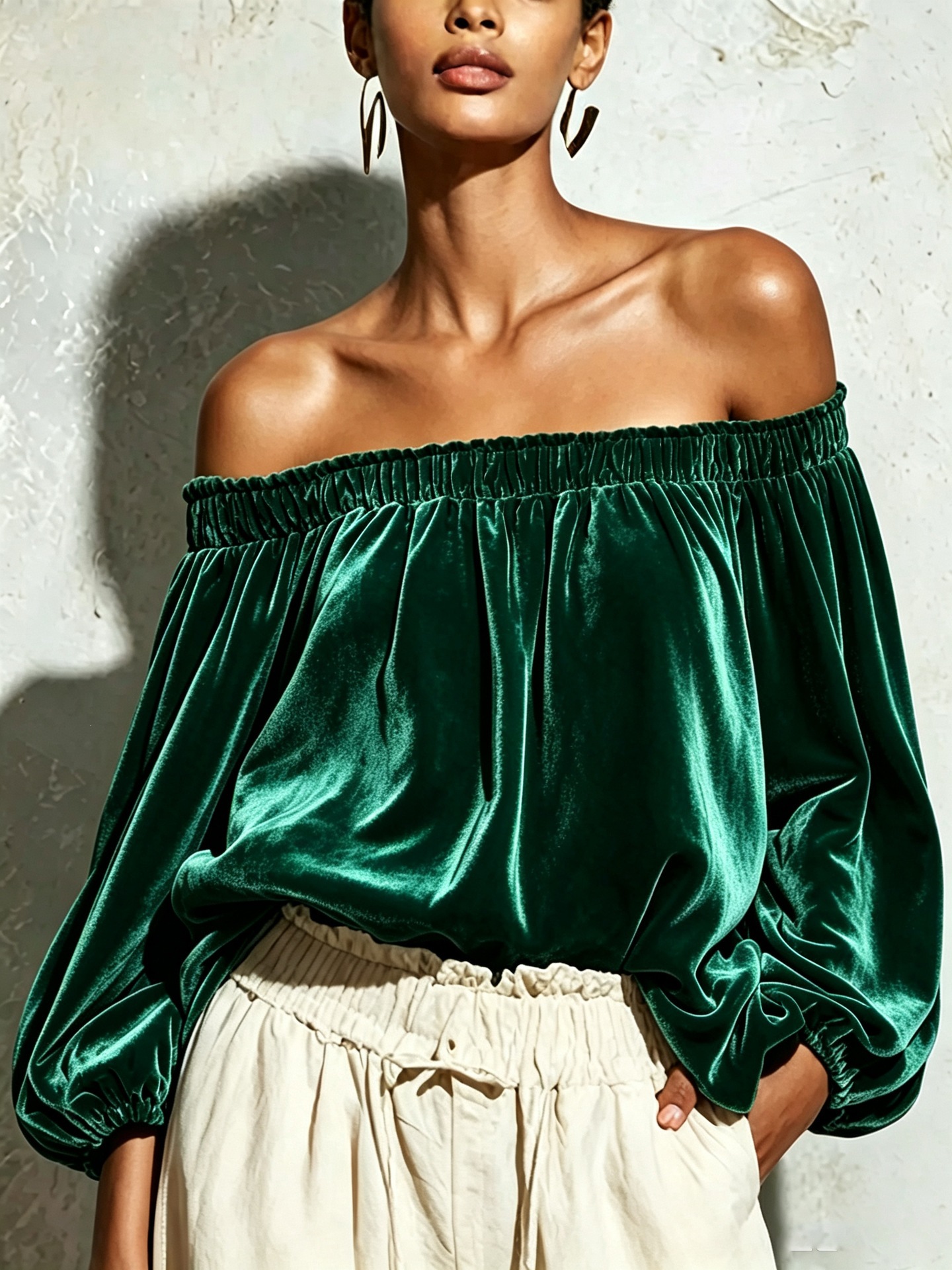 Velvet Off-Shoulder Top with Lantern Sleeves