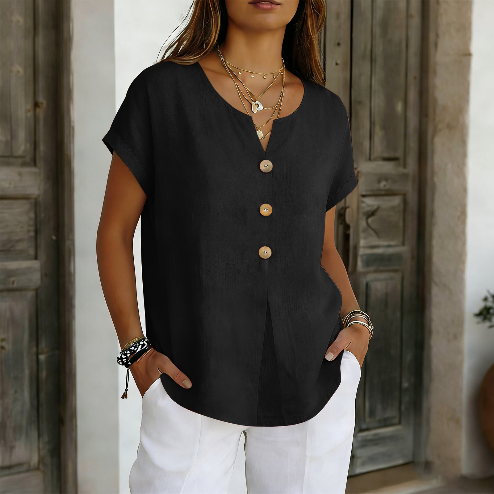 Women's Solid Color Cotton-Linen Short Sleeve V-Neck Loose Fit Top
