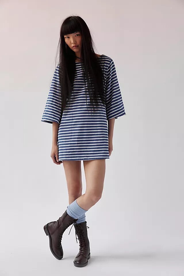 Colorblock Striped 3/4 Sleeve Round Neck Pullover Loose Long T-Shirt