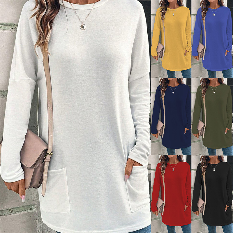 Women's Solid Color Long Sleeve Loose Crewneck Pocket T-Shirt