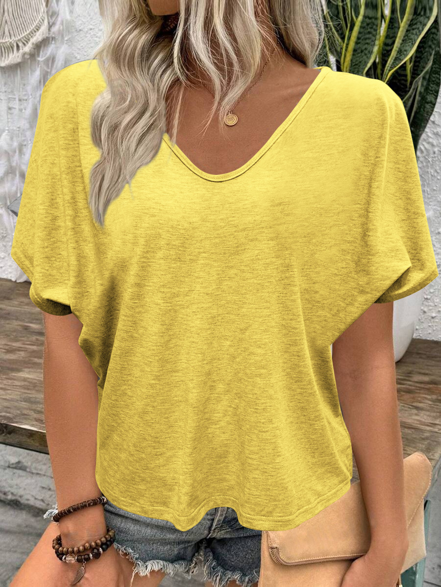 Women's Ruched V-Neck Short Sleeve T-Shirt Candy Color Loose Casual