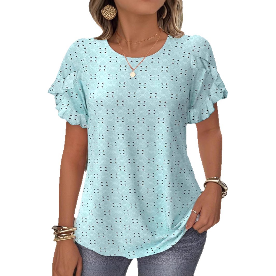 Women's Solid Color Lace Short Sleeve Hollow Out T-Shirt Casual Top