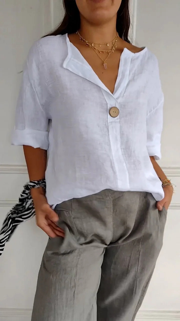 Women's Loose V-Neck Button Cotton-Blend T-Shirt