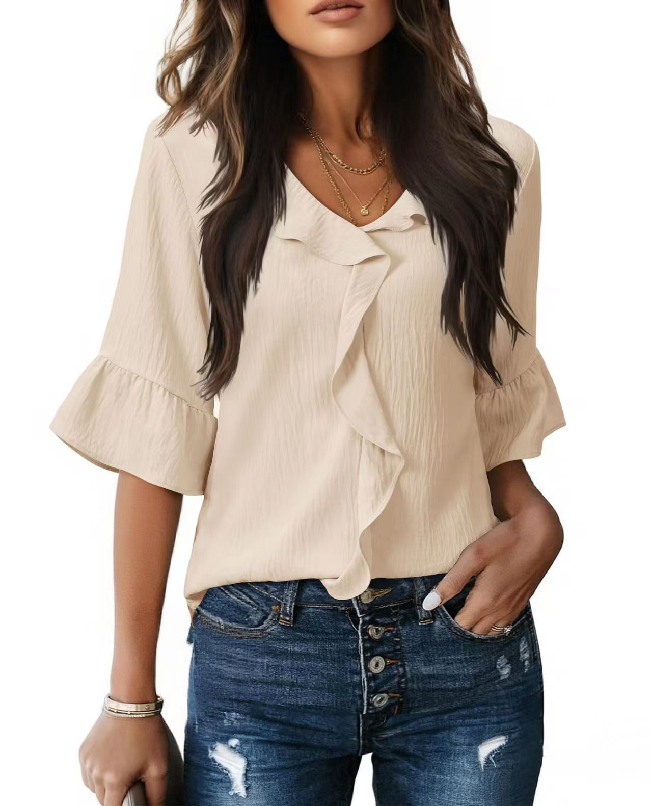V-Neck Ruffle Lantern Sleeve Casual Top