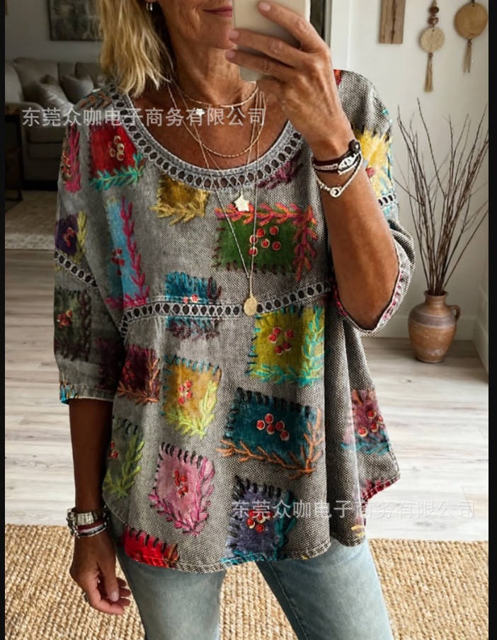 3D Floral Print Crewneck Half-Sleeve Ruched Top