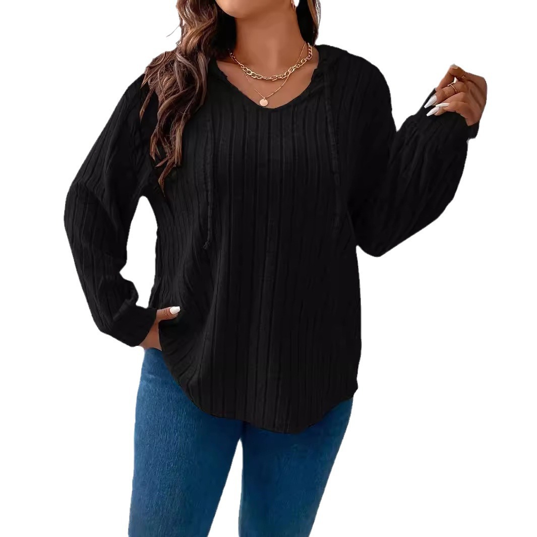 Women's Plus Size V-Neck Hooded Long Sleeve Ribbed Brushed T-Shirt Loose Fit