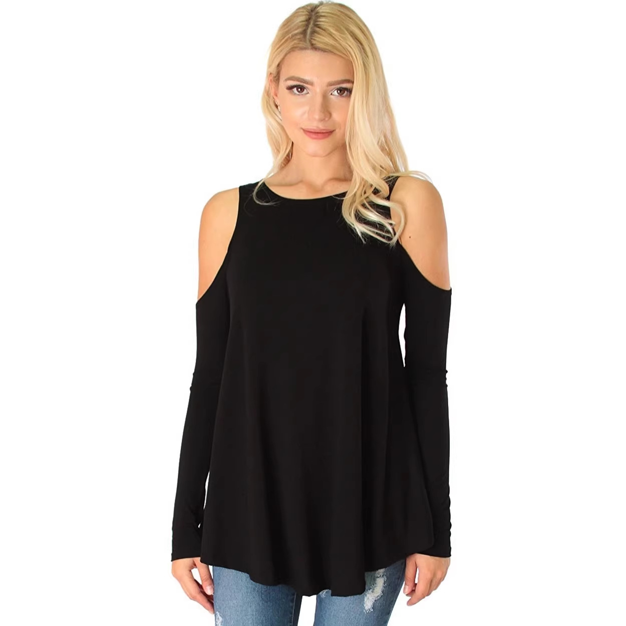 Women's Off-Shoulder Long-Sleeve Solid Color Loose Fit T-Shirt Plus Size