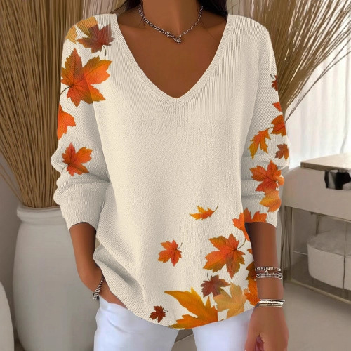 Maple Leaf Print V-Neck Long-Sleeve T-Shirt