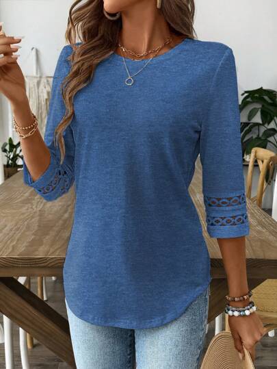 Women's Solid Crewneck Lace Trim Half-Sleeve Casual T-Shirt