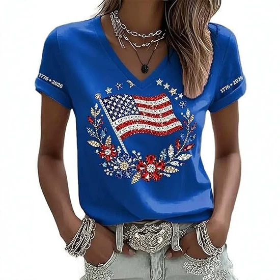 American Flag Print V-Neck Short Sleeve Women's T-Shirt