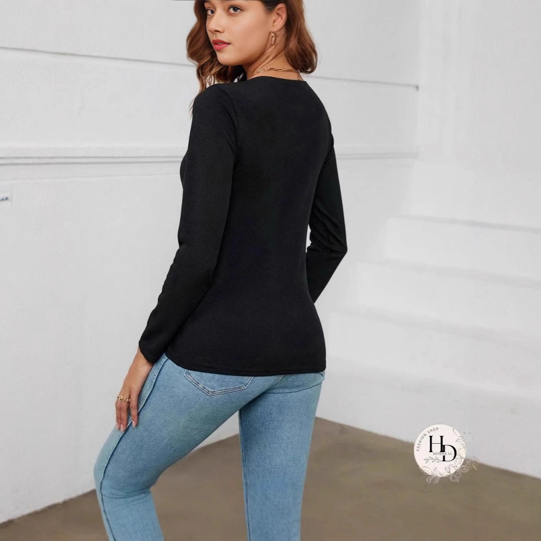 V-Neck Long Sleeve Lace Trim Top