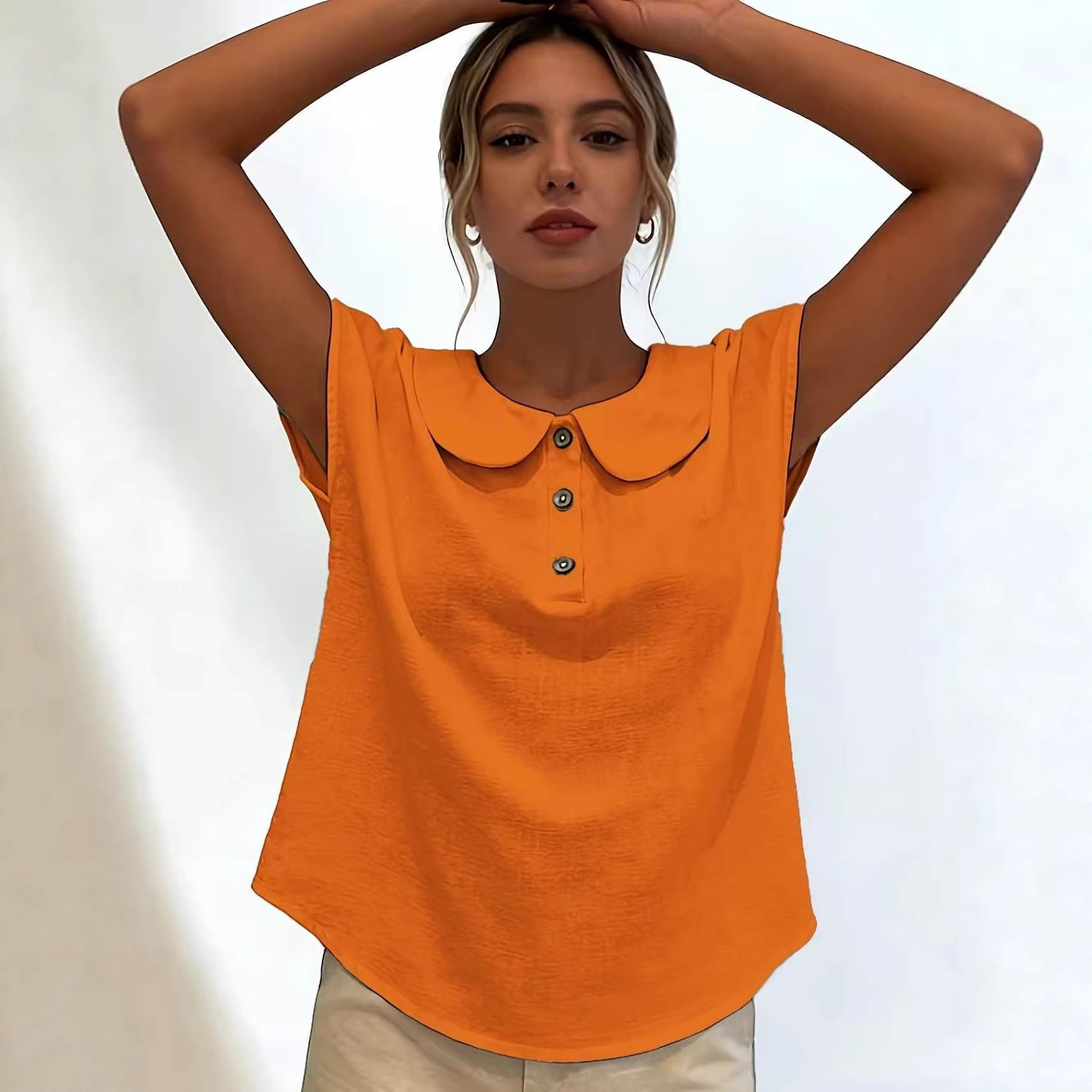 Women's Solid Short Sleeve Button V-Neck Blouse
