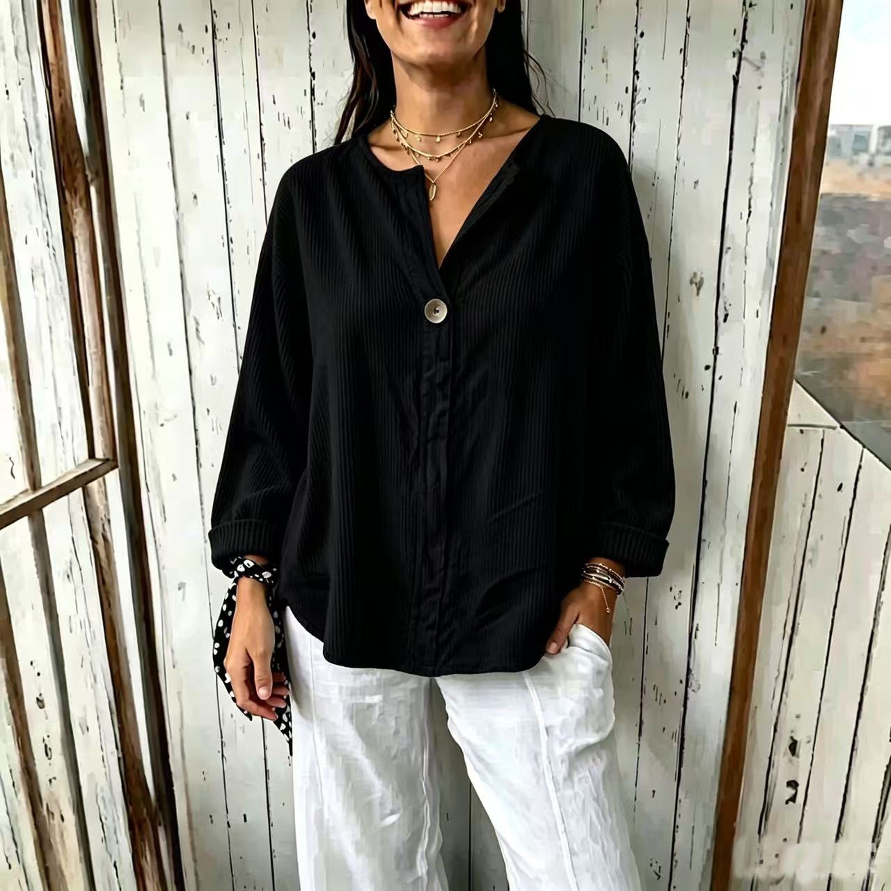 Women's Loose V-Neck Long Sleeve Corduroy Button-Up Top
