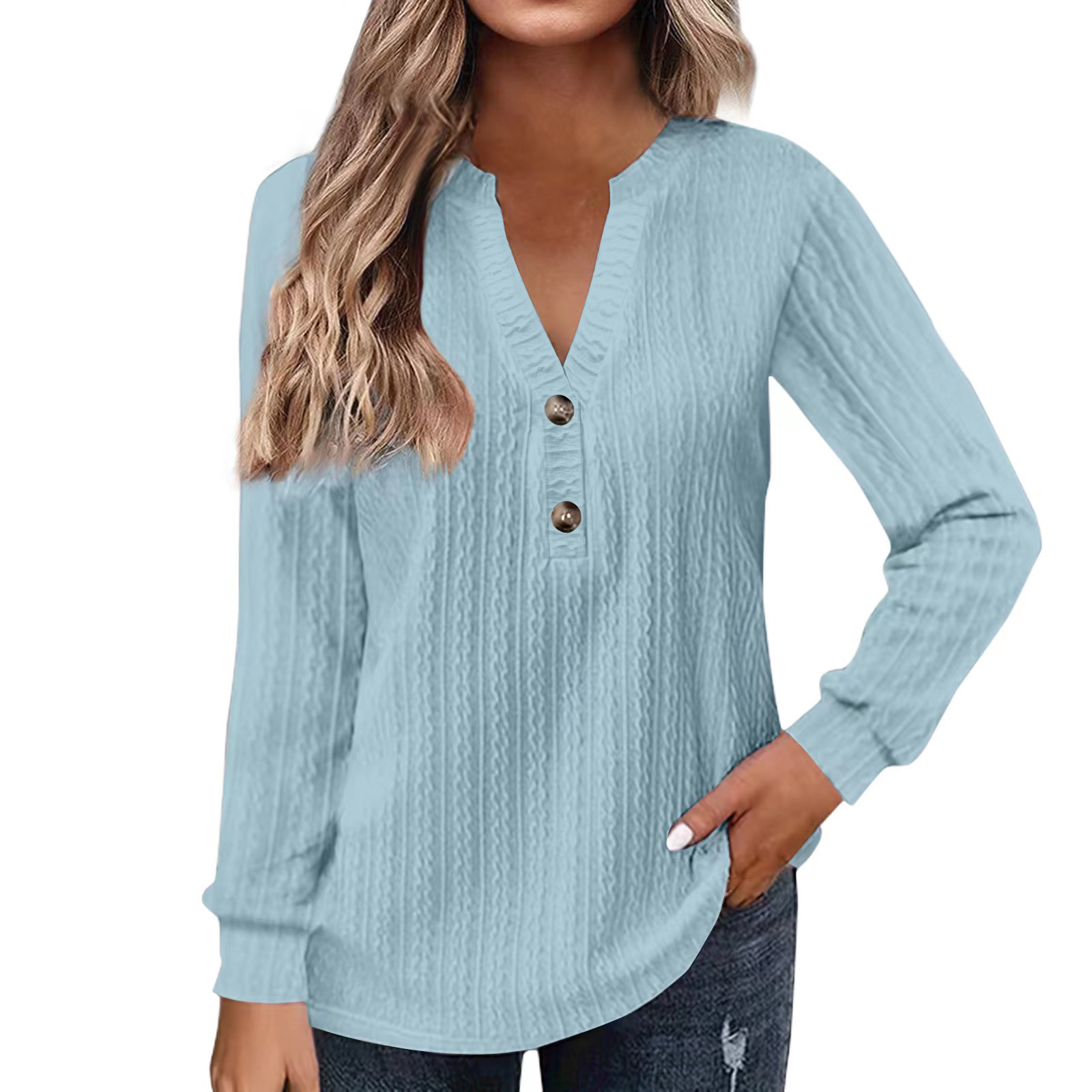Women's Long Sleeve V-Neck Button T-Shirt Solid Color Top