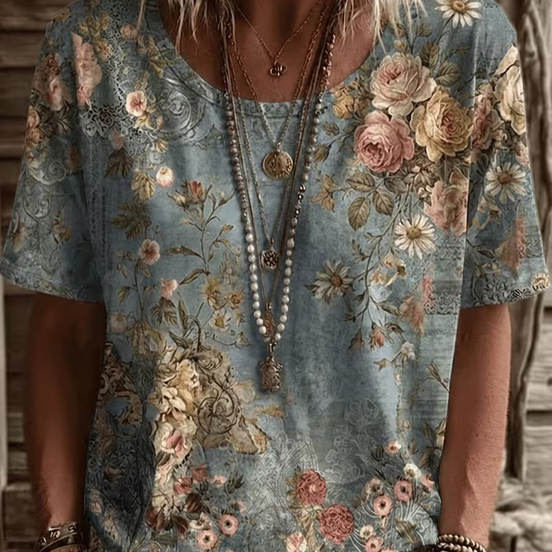 Retro Floral Print Short Sleeve T-Shirt