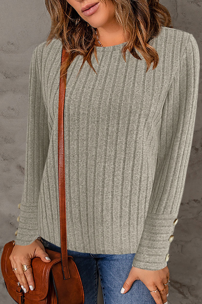 Women's Solid Color Crewneck Long Sleeve Button Top