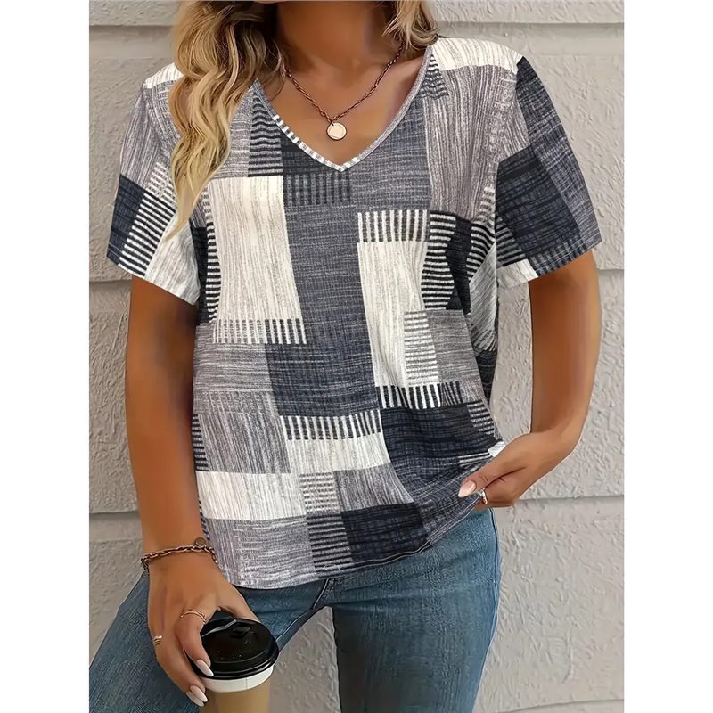 Women's Square Print V-Neck Short Sleeve T-Shirt