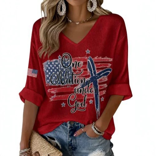 American Flag Letter Print V-Neck Half-Sleeve T-Shirt for Women