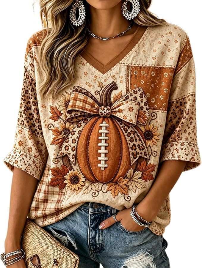 Halloween Pumpkin Bow Print V-Neck Half-Sleeve Women's T-Shirt