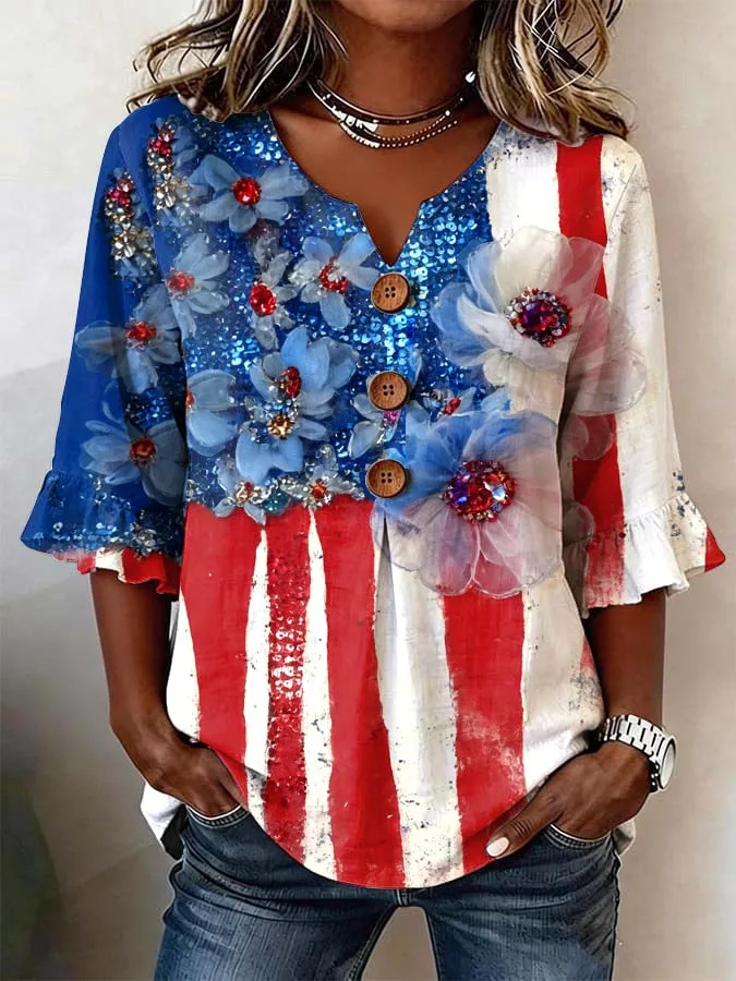 Women's Summer Floral Print Short Sleeve Button-Up Top