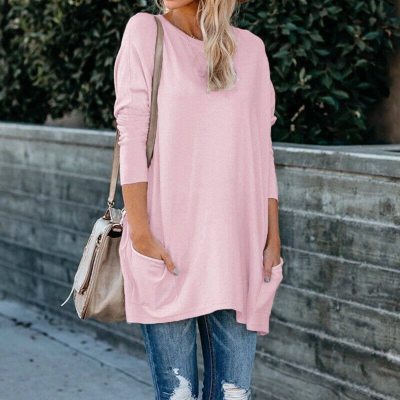 Women's Crewneck Long-Sleeve Pocket T-Shirt Plus Size