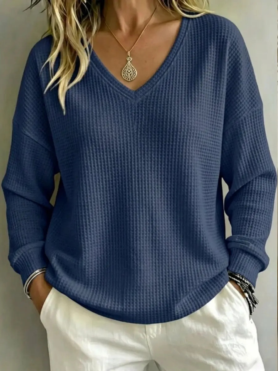 Women's Waffle Knit V-Neck Pullover Loose Casual Top