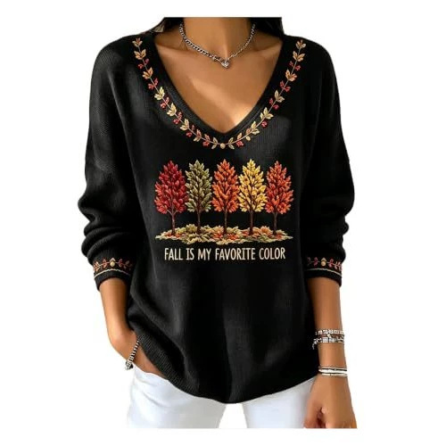 Women's V-Neck Long Sleeve T-Shirt with Tree Maple Leaf Print
