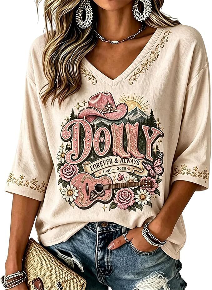 Summer Dolly Print V-Neck Half-Sleeve Women's Top