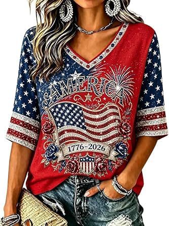 Women's American Flag Firework Print V-Neck Short Sleeve T-Shirt