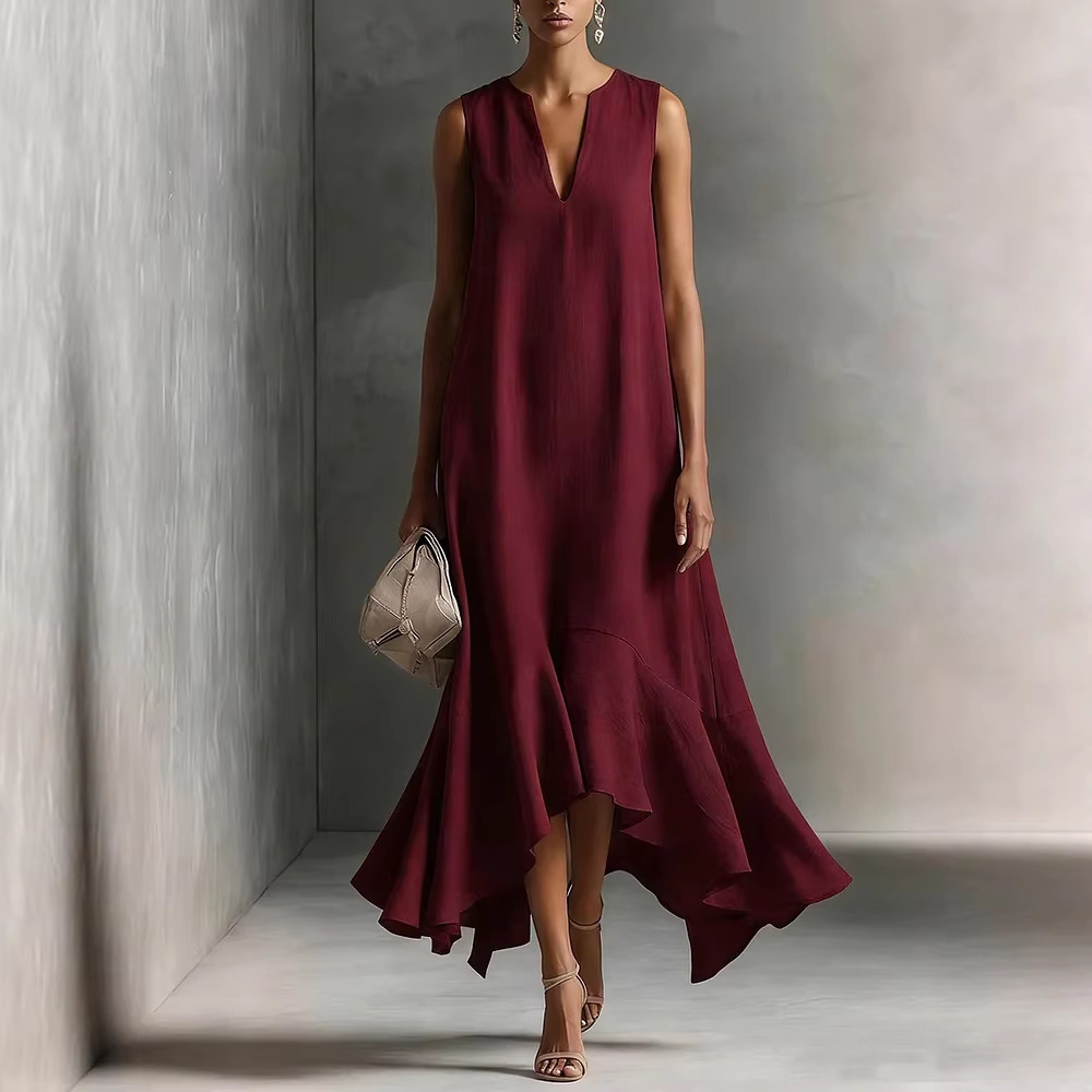 Deep V-Neck Sleeveless Asymmetrical Hem Dress