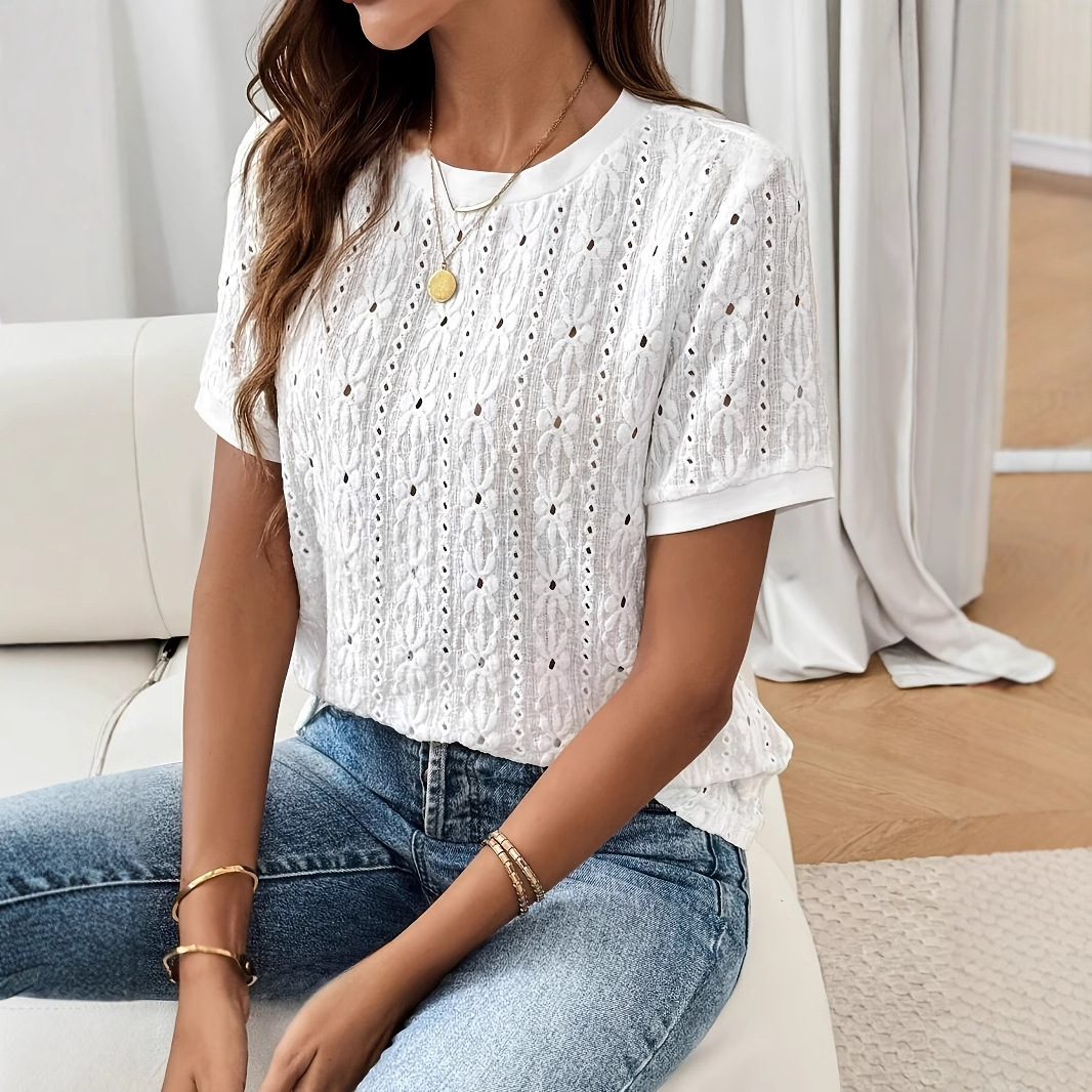 Women's Water-Soluble Embroidered Pointelle Knit T-Shirt