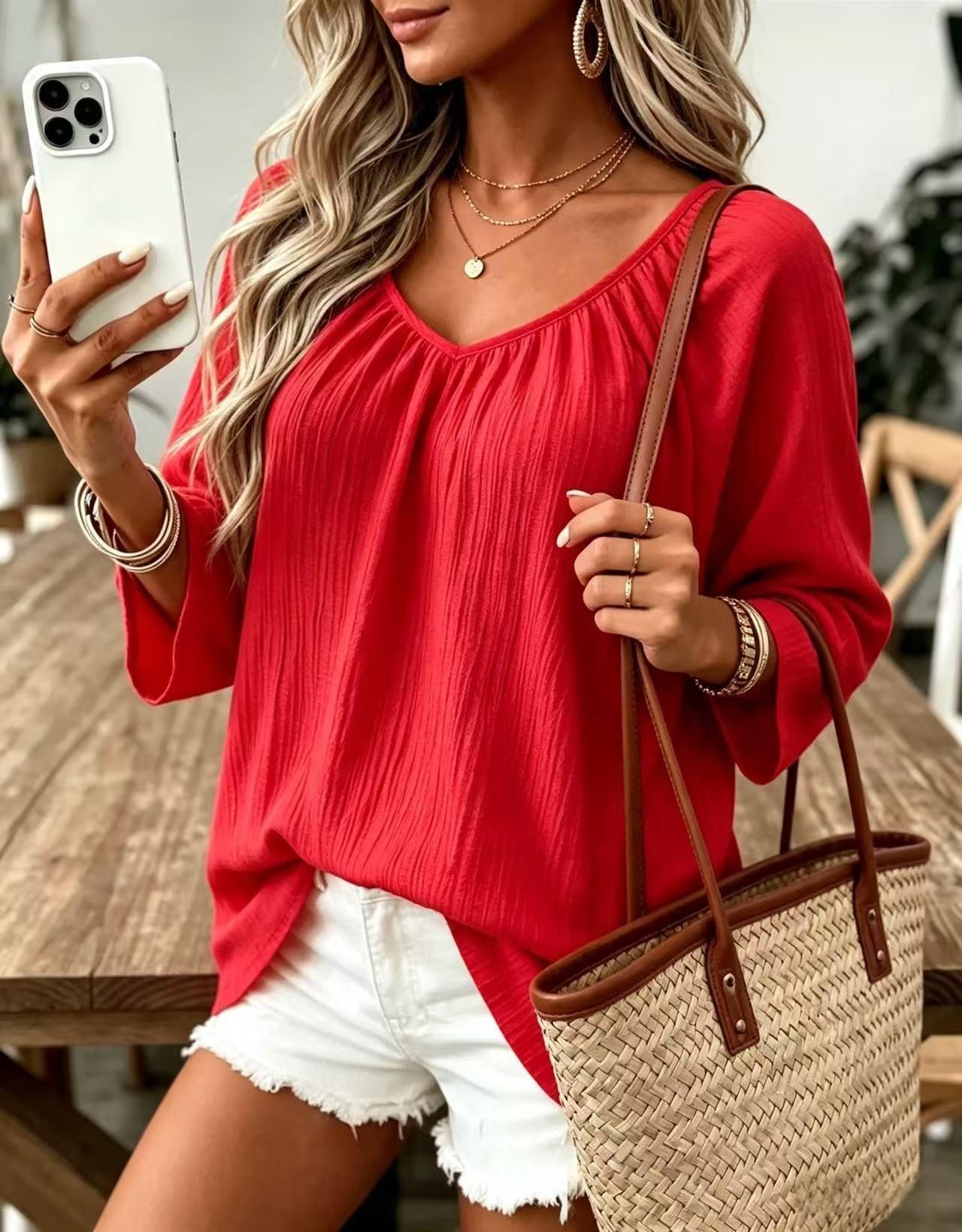 Women's Casual V-Neck Long Sleeve Loose Solid Pullover T-Shirt