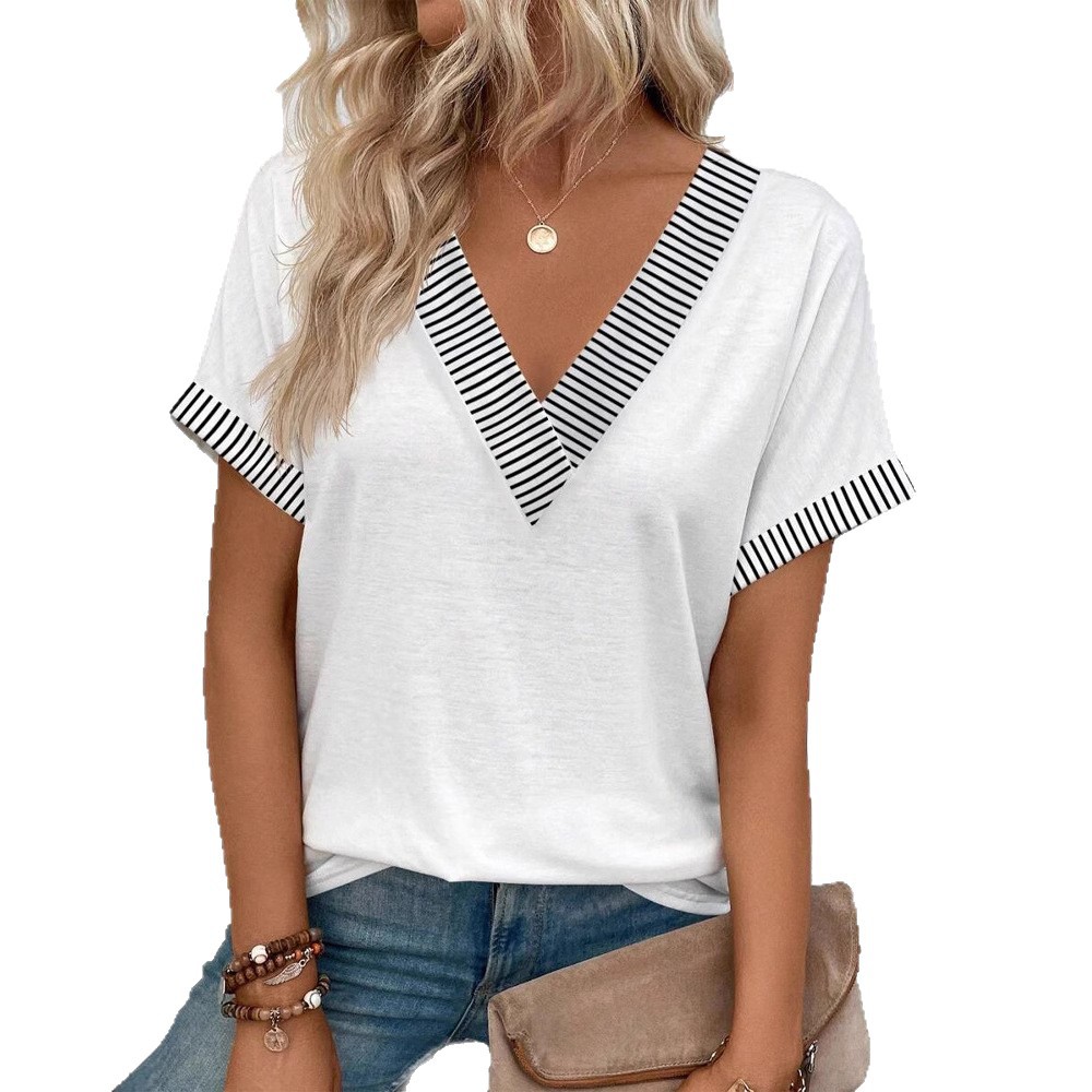 V-Neck Short Sleeve Solid Color Loose Fit Top