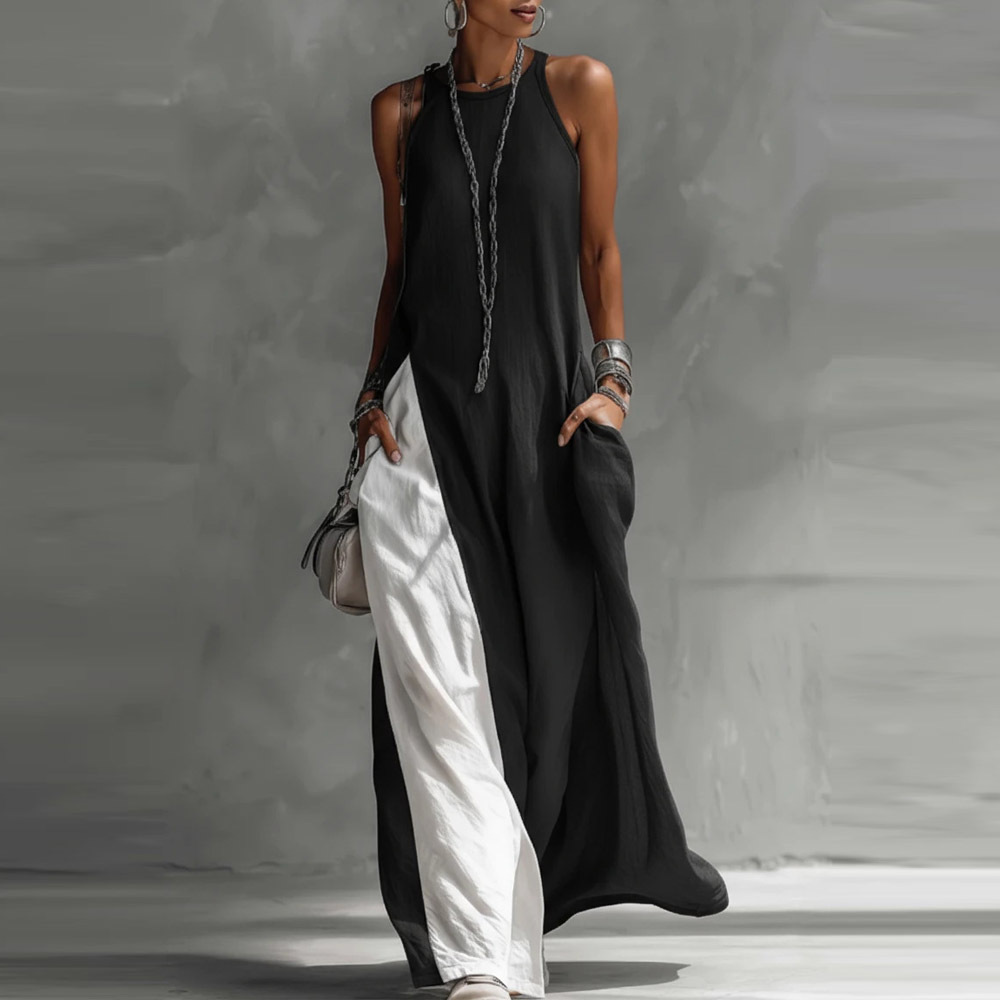 Women's Sleeveless Off-Shoulder Loose Colorblock Dress with Pockets