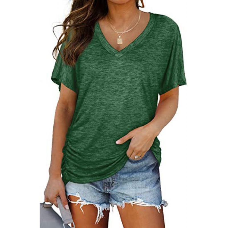 Solid Color Batwing Sleeve V-Neck Side Ruched Short Sleeve T-Shirt