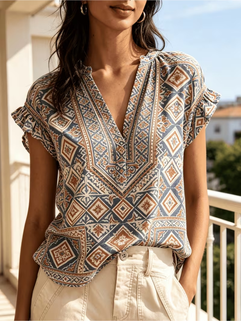 Floral & Solid Print V-Neck Short Sleeve Rolled Cuff Women's T-Shirt