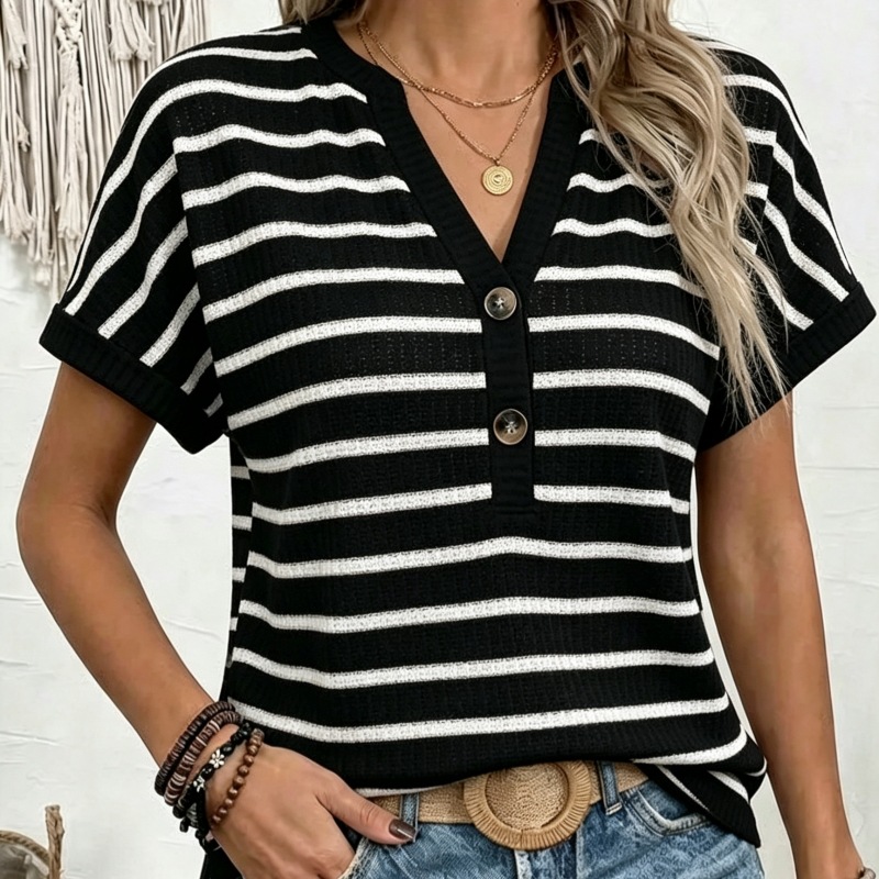 Women's Loose V-Neck Striped Waffle Knit Short Sleeve T-Shirt Casual Top