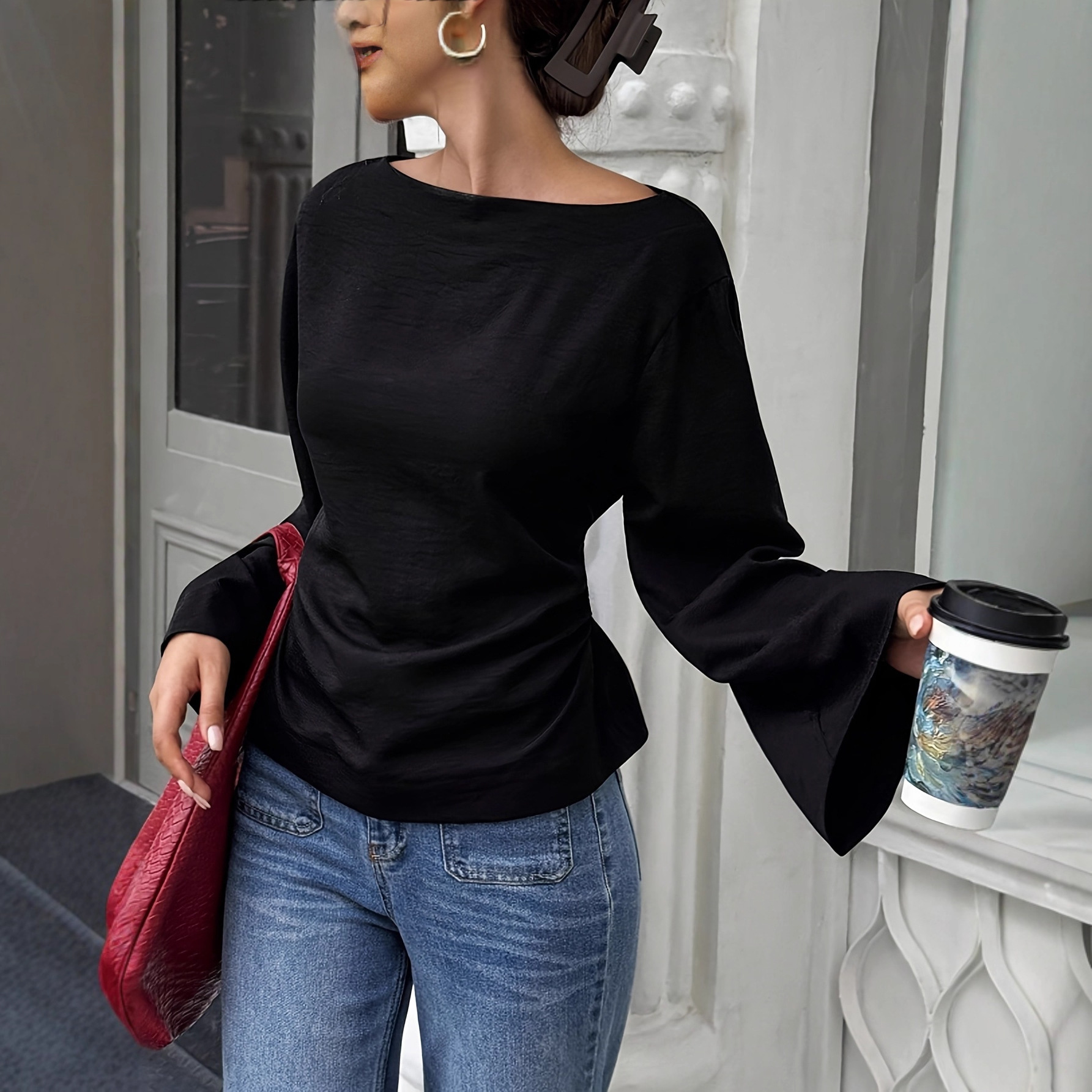 Solid Color Boat Neck Cinched Waist Flared Sleeve Top