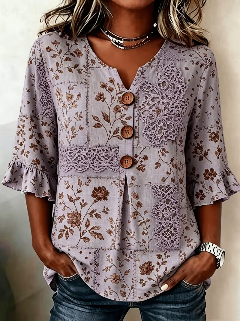 Retro Floral Print Short Sleeve Button-Up Top