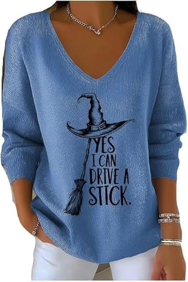 Halloween Witch Hat Broom Letter Print V-Neck Long-Sleeve T-Shirt