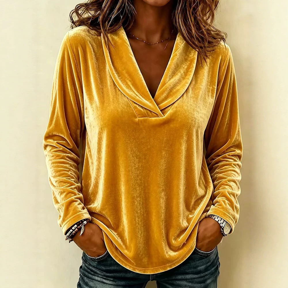Women's Solid Velvet Long-Sleeve Doll-Collar Top