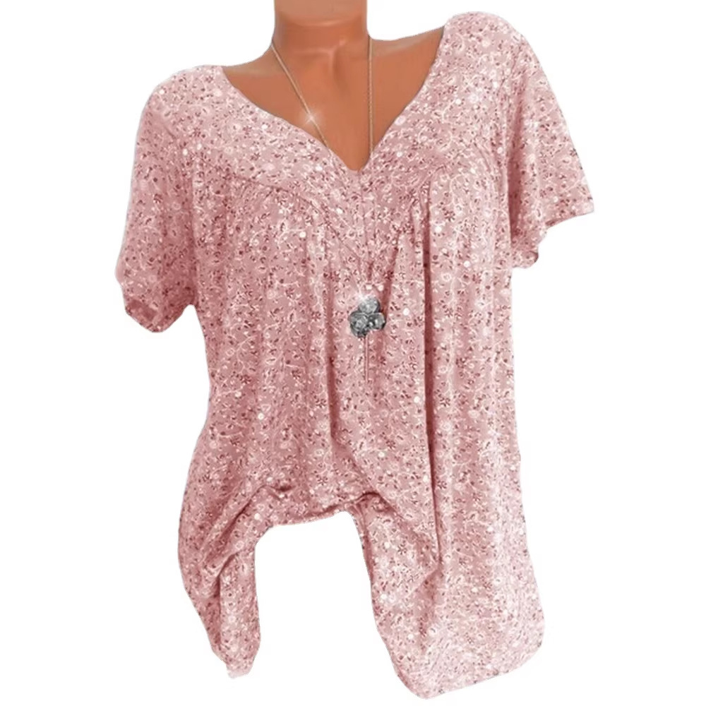 V-Neck Loose Short Sleeve Printed T-Shirt