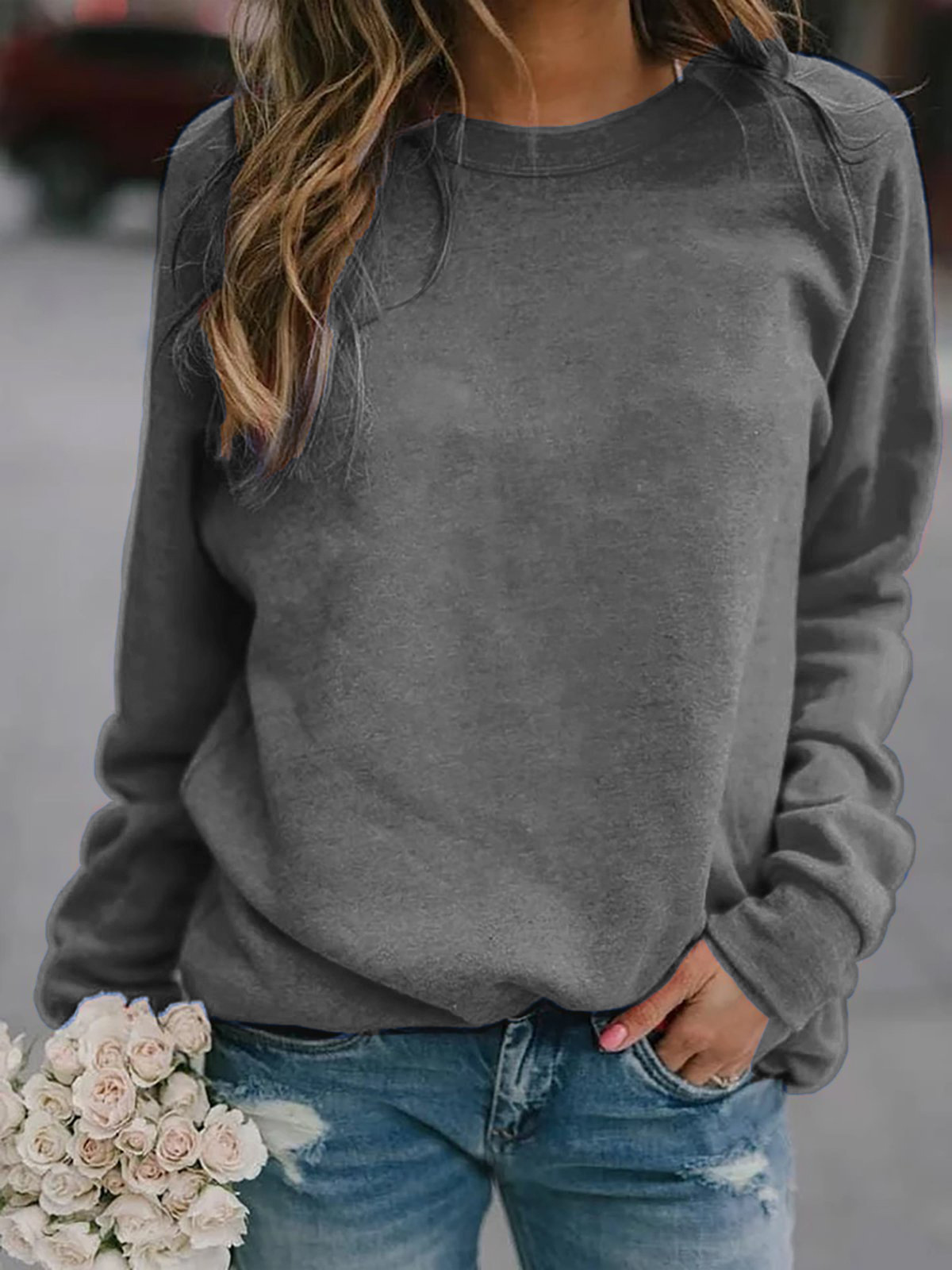 Women's Long Sleeve Crewneck T-Shirt Solid Color Loose Fit Top