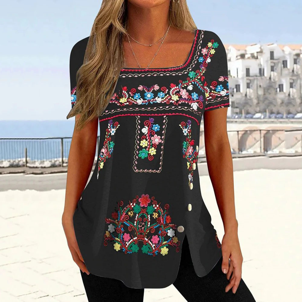 Women's Printed Button Slit Short Sleeve T-Shirt