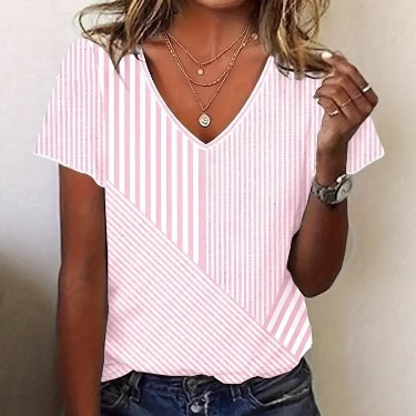 Women's Striped V-Neck Short Sleeve Top